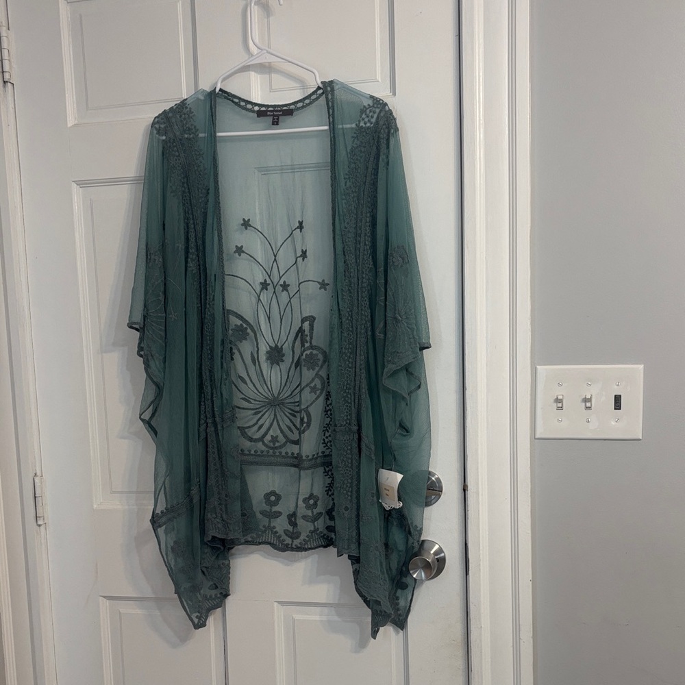 Sheer Embroidered Green Kimono Tunic
